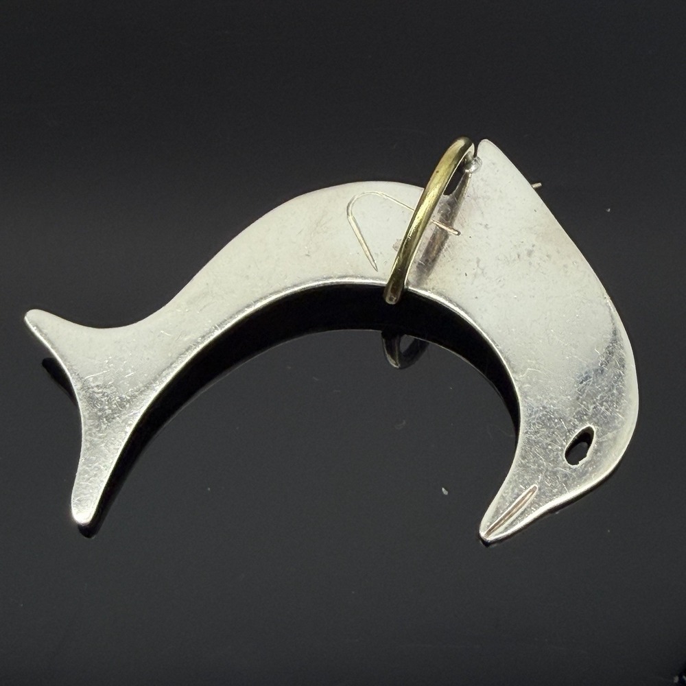 Mexico Sterling Silver Dolphin Jumping Thru Brass Hoop Brooch Pin 925 Vintage